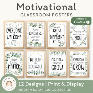 Poster motivazionali botanici per la classe, stampe con citazioni ispiratrici, bacheca moderna in stile fattoria, affermazioni positive modificabili