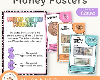 Money & Coin Posters | Cutesy Composition Notebook US, AU, CA Dollar Bill Math Counting Display (Printable and Editable)