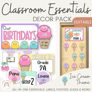 Pastel Ice Cream Classroom Decor Bundle, Editable Teacher Essentials Pack, Printable Door Sign, Birthday Chart, Posters, Slides & Labels Set