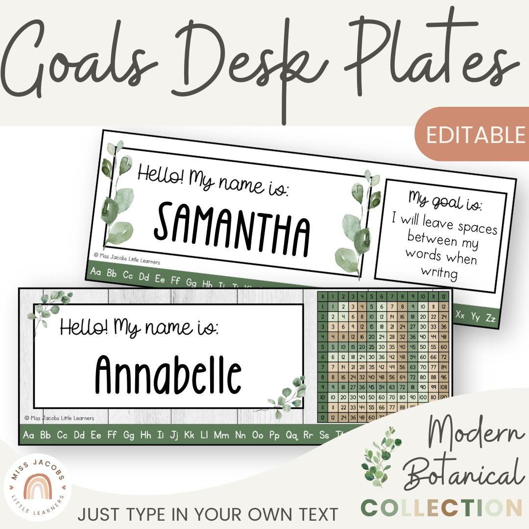 Student Desk Name Tags with Goals, Editable Farmhouse Desk Mats with Alphabet Line & Multiplication Chart, Modern Botanical Classroom Decor
