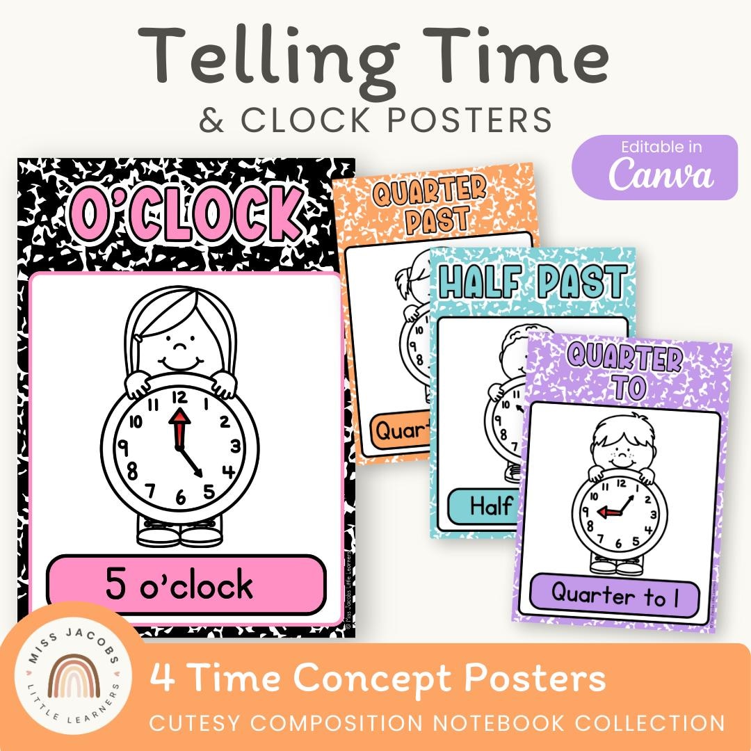 Telling Time and Analog Clock Posters: Cutesy Composition Notebook ...