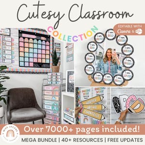 Cutesy Classroom Decor Bundle, Bright Rainbow Composition Notebook Decor Set, Editable Elementary Classroom Management Back to School Theme