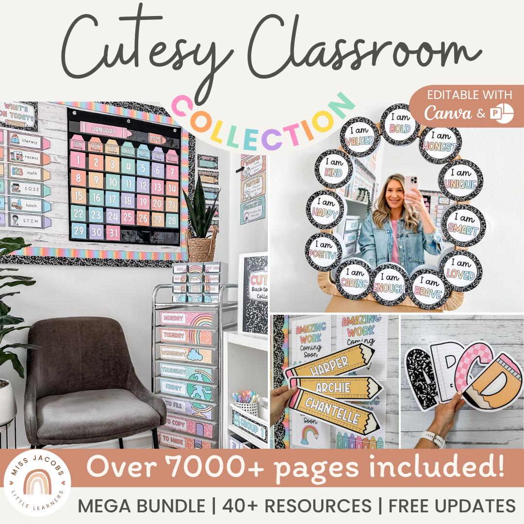 Cutesy Classroom Decor Bundle, Bright Rainbow Composition Notebook Decor Set, Editable Elementary Classroom Management Back to School Theme