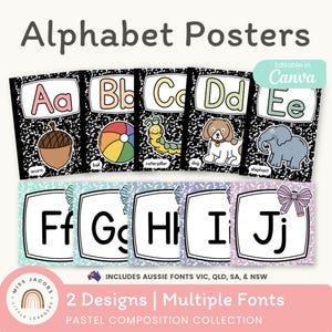 May include: A set of alphabet posters featuring letters A through J with illustrations including an acorn, ball, caterpillar, dog, and elephant. The top row has a black and white composition notebook pattern, while the bottom row features pastel backgrounds.