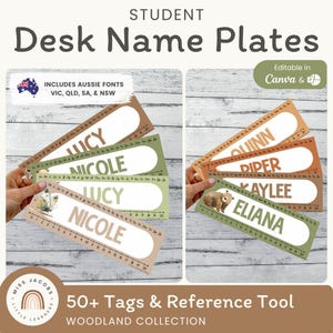 Woodland Student Desk Name Plates, Editable Alphabet & Number Line Name Tags, Neutral Theme Classroom Labels, Student Desk Plate Strip Decor