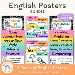 CUTESY English Classroom Posters Bundle (Set of 12), PreK to Grade School English Posters, Reading and Writing Educational Posters