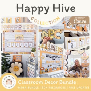 May include: A Happy Hive Collection classroom decor bundle featuring educational resources with bee, rainbow, and flower motifs. Includes alphabet cards, birthday charts, editable labels, and bulletin board displays in yellow, brown, and white tones.