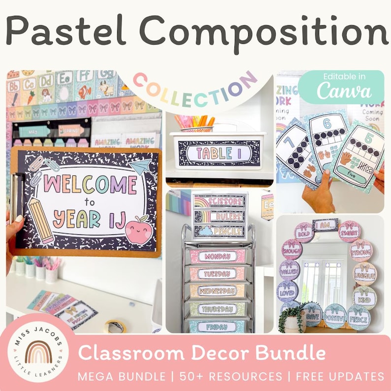 Pastel Composition Notebook Classroom Decor Bundle, 50+ Printable ...