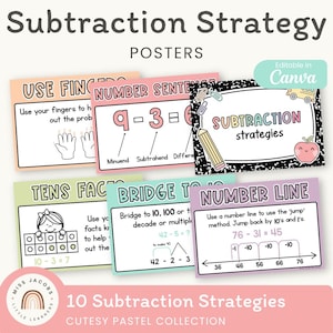 May include: A set of educational subtraction strategy posters featuring pastel backgrounds and black-and-white illustrations. The posters display maths concepts like number lines, tens facts, and number sentences with text instructions and examples.