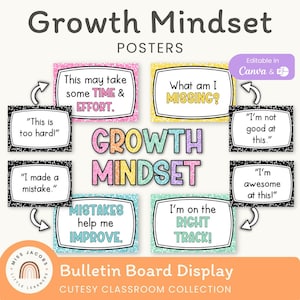 Cutesy Growth Mindset Posters, Printable Positive Self-Talk for Kids, Composition Book Theme Fixed vs Growth Mindset Bulletin Board