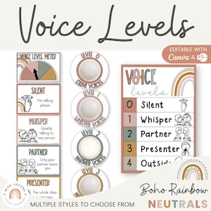 Boho Rainbow Voice Noise Level display | EDITABLE Classroom Teacher Management | Voice Volume Visual Decor | Neutral Rainbow Theme