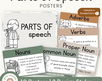 Earthy Parts of Speech Posters, Grammar Anchor Charts, Printable ELA Classroom Decor, Editable Modern Jungle English Posters