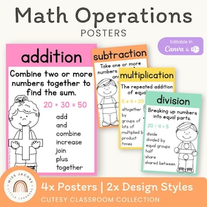 Cutesy Math Operations Posters, Colorful Math Operations Key Word Vocabulary Printable Math Anchor Charts, Classroom Math Bulletin Board