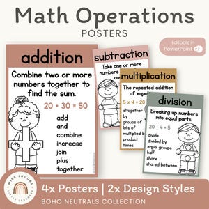 Pósteres de operaciones matemáticas neutros / Paleta de colores neutros bohemios / Decoración neutra para el aula