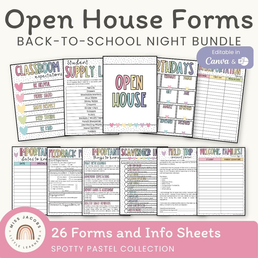 Open House Forms Bundle Spotty Pastel, Back to School Night Templates ...