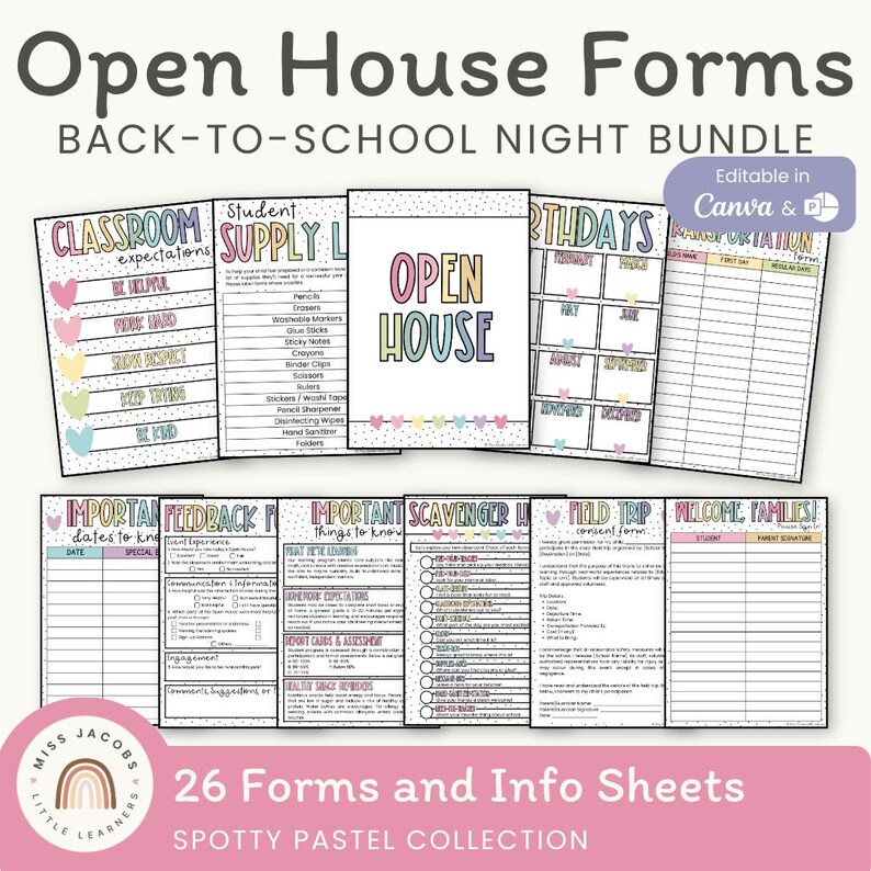 Open House Forms Bundle Spotty Pastel, Back to School Night Templates ...