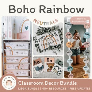 BOHO RAINBOW Classroom Decor Bundle | Editable | Neutral Rainbow Classroom Decor