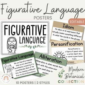Figurative Sprache Poster, moderne botanische Bauernhaus druckbare ELA Anker Charts, Similes Metaphors Idioms, Elementare Klassenzimmer Visuals