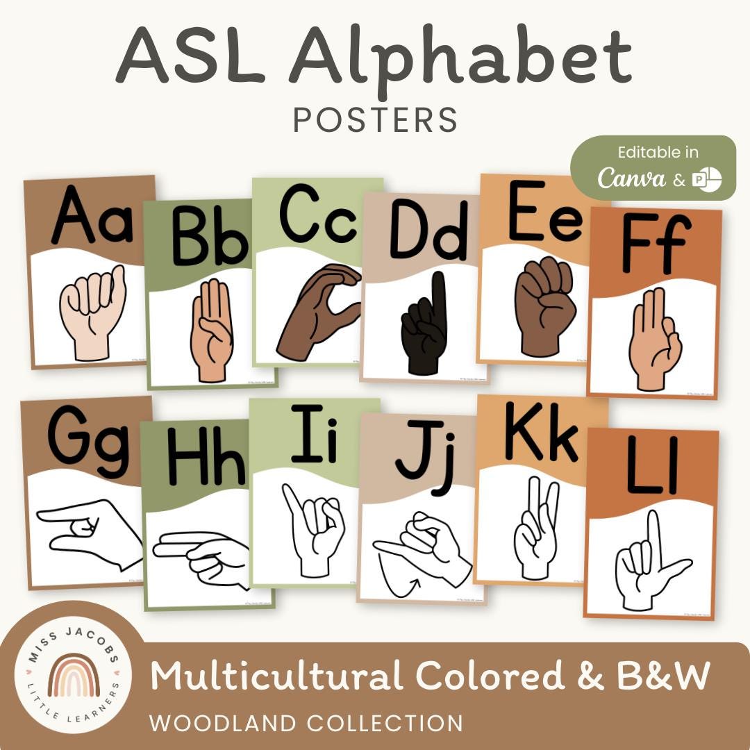 Woodland ASL Alphabet Posters A–Z, Editable Sign Language