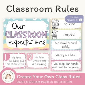 Classroom Rules Posters for Classroom Management | Daisy Gingham Pastel Decor | Editable