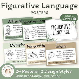 Poster sul linguaggio figurato, schede didattiche stampabili in stile rustico botanico moderno per l'insegnamento dell'inglese, similitudini, metafore e modi di dire, materiali visivi per la classe elementare.