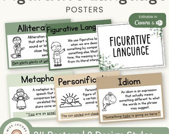Figurative Language Posters, Modern Botanical Farmhouse Printable ELA Anchor Charts, Similes Metaphors Idioms, Elementary Classroom Visuals