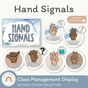 Hand Signals | Modern Ocean Classroom Decor | Editable