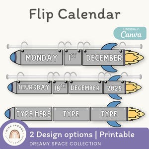 May include: A grey flip calendar with a rocket ship design. The calendar shows days, dates, and December. The text "Flip Calendar" is at the top. The design is editable in Canva. The calendar is printable.