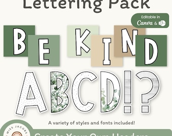 Juego de letras para tablón de anuncios, alfabeto y números botánicos imprimibles, decoración de eucalipto editable para el aula, letras relajantes para profesores.
