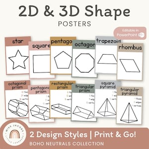 May include: A set of 2D and 3D shape posters featuring black line drawings on neutral-toned backgrounds. The posters display geometric shapes like stars, squares, pentagons, octagons, and various prisms and pyramids with labels and vertex counts.