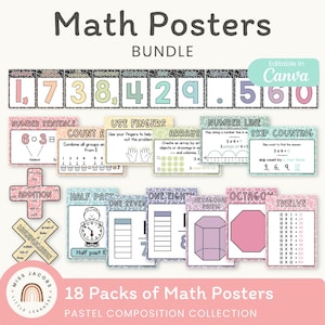 Può includere: Una collezione di 18 poster di matematica dai colori pastello. I poster trattano argomenti come frasi numeriche, conteggio per salti e moltiplicazione. Il pacchetto include poster con numeri, forme e concetti matematici.