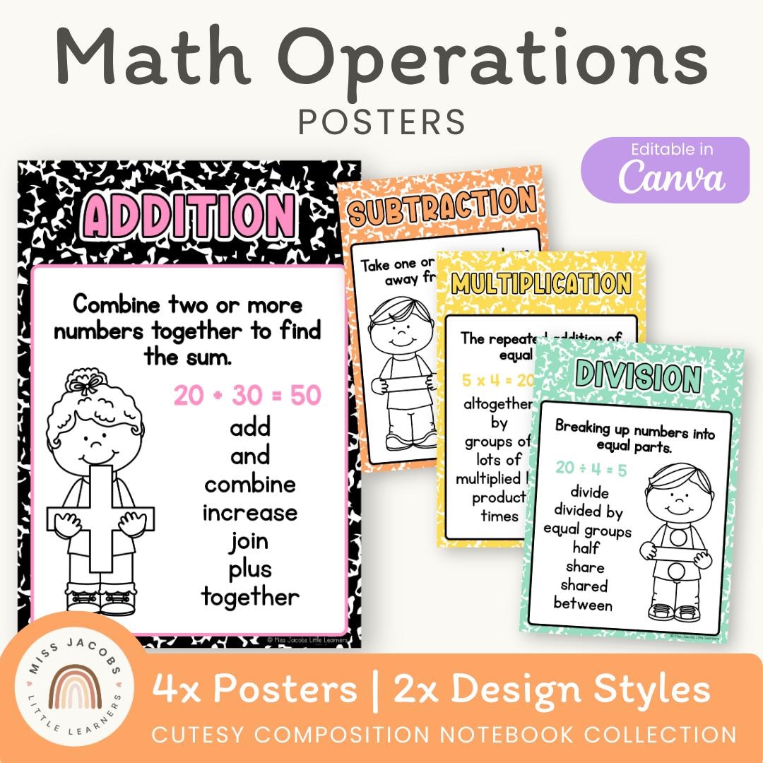 Math Operation Posters: Cutesy Composition Notebook Theme Math Posters ...