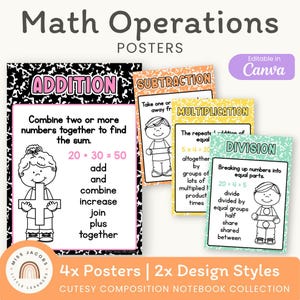 Matteoperationsposters: Gulliga anteckningsblock med temat matematikposters, klassrumsdekor (utskrivbara och redigerbara)
