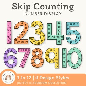 Cutesy Skip Counting Posters, 1-12 Large Number Display Math Posters, Multiples Posters for Math Wall, Printable Colorful Math Display