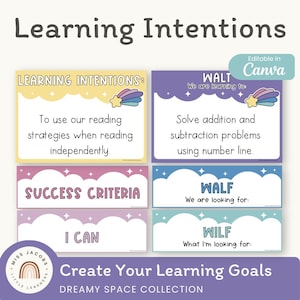 May include: A set of colorful educational cards with text, including "Learning Intentions," "Success Criteria," and "I Can." The cards feature a dreamy space theme with pastel colors and star and rainbow illustrations. The text "Create Your Learning Goals" is also visible.