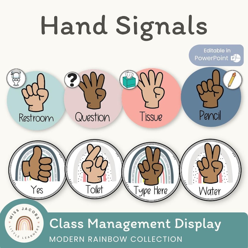 MODERN RAINBOW Hand Signals Posters | Editable | Calm Colors Classroom ...