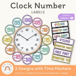 Etiquetas de reloj bonitas para exhibir, decoración de reloj de pared editable para el aula, cuaderno de composición, números de reloj imprimibles coloridos para aprender la hora.