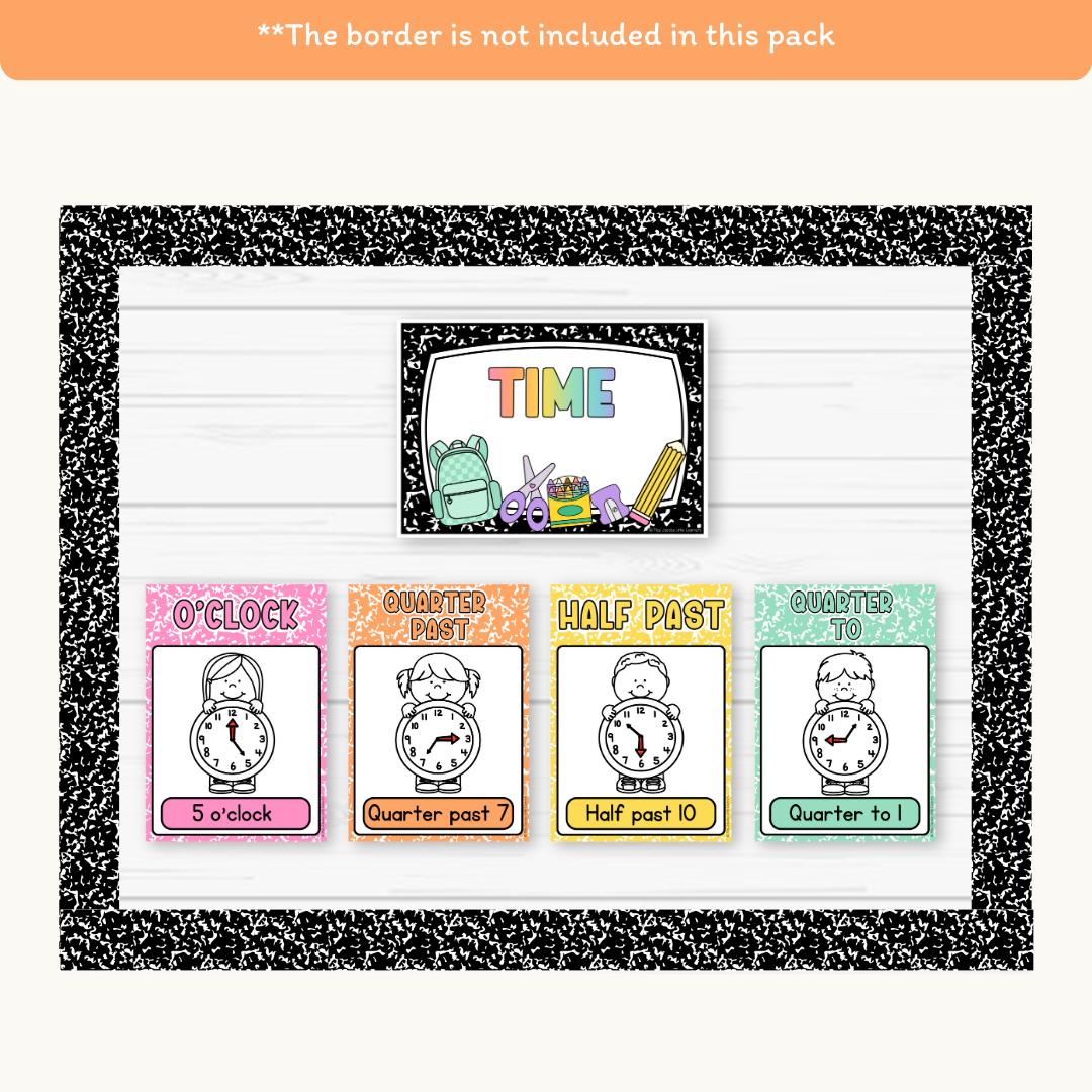 Telling Time and Analog Clock Posters: Cutesy Composition Notebook ...