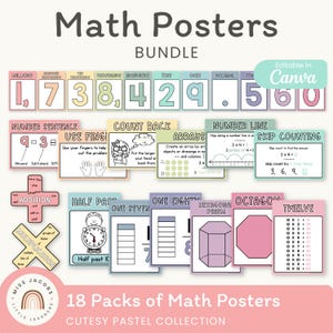 May include: A collection of 18 pastel-themed math posters, ideal for educational purposes. The posters cover various mathematical concepts, including number sentences, skip counting, and arrays. The design is visually appealing, suitable for both classroom and home learning.