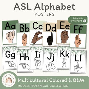 Affiches de l'alphabet botanique ASL, ensemble mural imprimable de A à Z avec signaux manuels, affichage modifiable en langue des signes, décoration de salle de classe en eucalyptus
