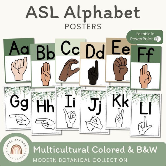 Botanical ASL Alphabet Posters, Printable A–Z Wall Set With Hand