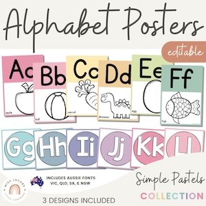 Simply Pastel Alphabet Posters A–Z, Editable ABC Letters Elementary Classroom Decor, Printable Pastel Alphabet Wall Decor Bilingual Resource