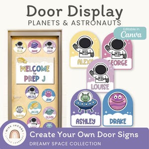 May include: Door display with a planets and astronauts theme. Includes door signs with names, astronaut and alien graphics. The text "Welcome to Prep J" is displayed on the door. The signs are editable in Canva.