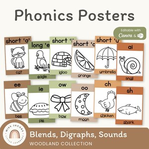 Woodland Phonics Posters, Printable Sound Wall Classroom Display, Editable Neutral Science of Reading, Blends & Digraphs Literacy Decor