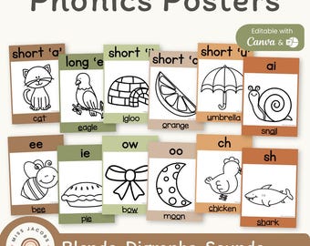 Woodland Phonics Posters, druckbare Sound Wall Klassenzimmer Anzeige, bearbeitbare neutrale Wissenschaft des Lesens, Mischungen & Digraphen Alphabetisierung Dekor