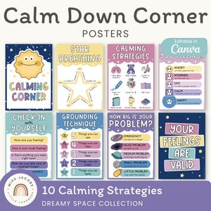 Calm Down Corner Posters: Dreamy Space SEL  Regulation Techniques, Coping Strategies Kit (Printable & Editable)