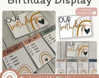 Tabla de cumpleaños arcoíris estilo boho / Editable / Decoración neutra para el aula