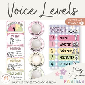 Editable Voice Levels Display | Push Light Noise Levels | Daisy Gingham Pastels