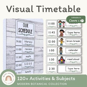 Visuelle Stundenplankarten, bearbeitbarer Stundenplan für das Klassenzimmer, druckbares tägliches Routine-Diagramm für Kinder, beruhigendes modernes botanisches Klassenzimmerdekor