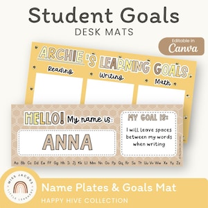 May include: Two rectangular desk mats with a yellow and beige honeycomb pattern. The top mat features the text ARCHIE'S LEARNING GOALS with sections for Reading, Writing, and Math. The bottom mat displays HELLO! My name is: ANNA and MY GOAL IS: I will leave spaces between my words when writing, with the alphabet printed at the bottom.